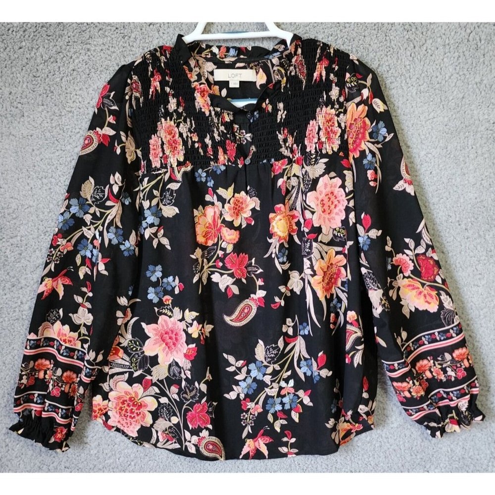 Loft Women's Long Sleeve Smocked V Neck Flowy Blouse Top Black Floral Size S